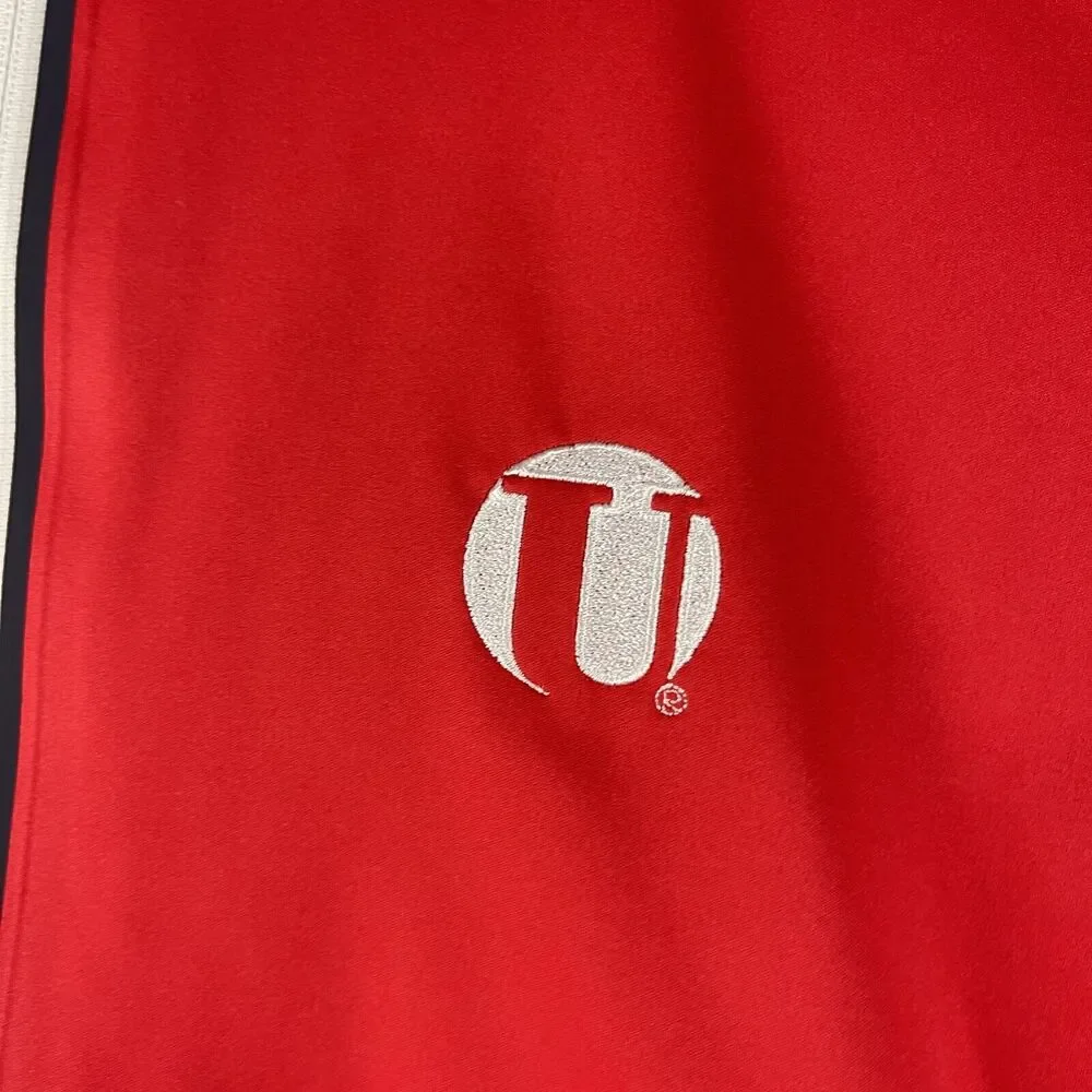FootJoy FJ Hydroknit Mens Jacket Large Red Blue Long Sleeve 1/4 Zip Golf Logo‎